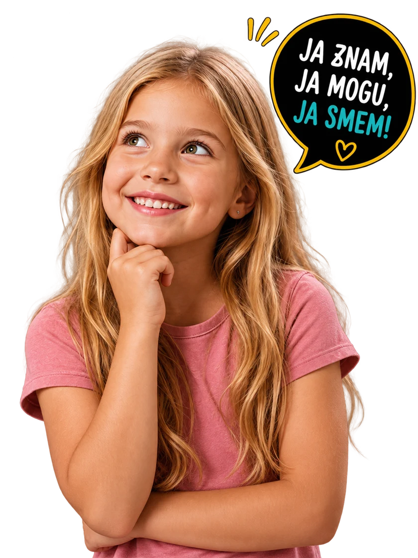 Девојчица размишља; у облачићу пише: Ја знам, ја могу, ја смем!